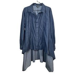 For Cynthia Denim Tunic Blouse Women’s Size 1X Ruffle 3/4  Sleeve Hi Lo Buttons